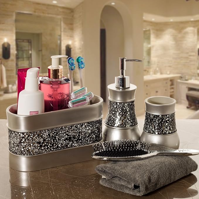 Crackled Glass Silver Hand Soap Dispenser for Bathroom, Decorative Countertop Lotion Dispenser, Elegant Liquid Soap Dispenser with Sturdy Pump for Classic Bathroom Décor