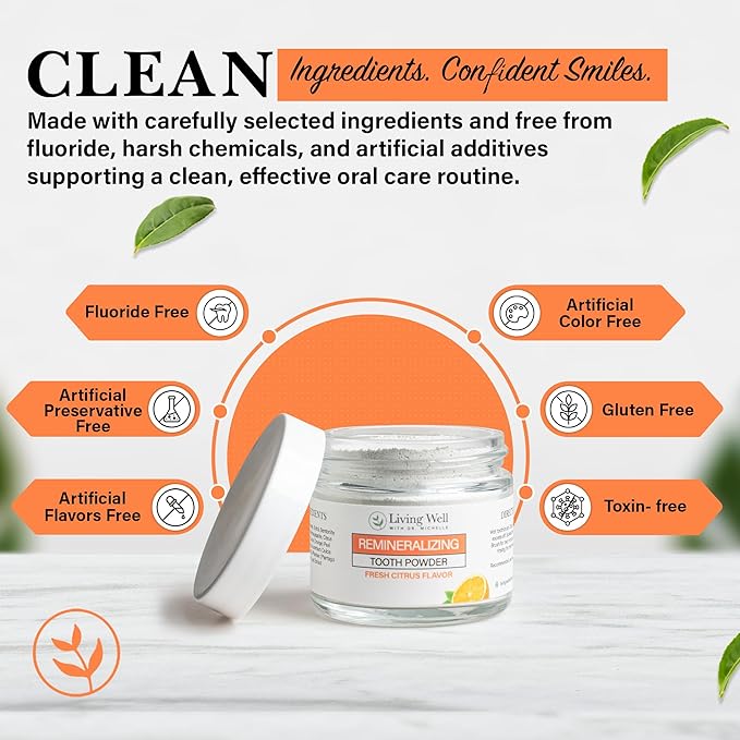 Living Well with Dr. Michelle Fresh Citrus Remineralizing Tooth Powder | Fluoride-Free Kids & Adults Formula | Hydroxyapatite for Enamel Support | Natural Ingredients for Stronger Smiles