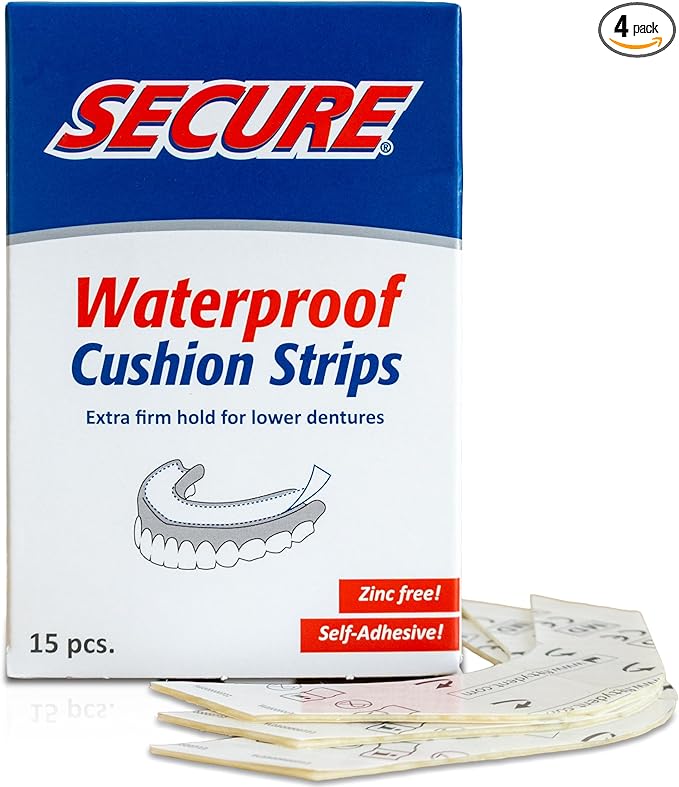 Secure Denture Adhesive Strips – Zinc Free – Waterproof – Comfortable Cushion Fit for Lowers – Extra Firm All-Day-Hold – No Mess – Clean Ingredients – 60 Strips (4 Pack)