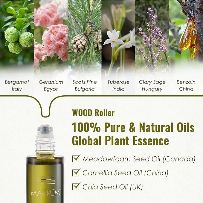 MATRUM Detox & Stress Relief Blend Essential Oil Roller, 100% Pure Woody Floral Aromatherapy Oil for Stress & Tension Relief, Detox and Revitalize, Wood Roller, 0.5 Fl Oz