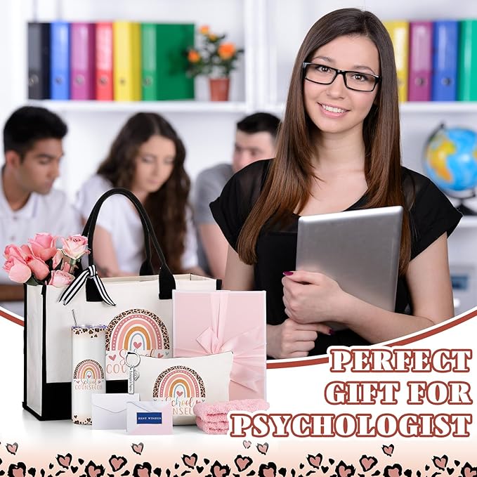 Geiserailie 8 Pcs Counselor Gifts for Women Including Large Tote Bag Cosmetic Bags Tumbler Cup Plush Socks Metal Keychain Card and Envelope for National Counseling Week Thank You Gifts