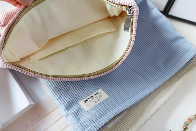 HAPPYHEIDI Large Corduroy Makeup Bag Compartment Cosmetic Toiletry Travel Accessory Pouch Purse Organizer, Soft Misty Blue