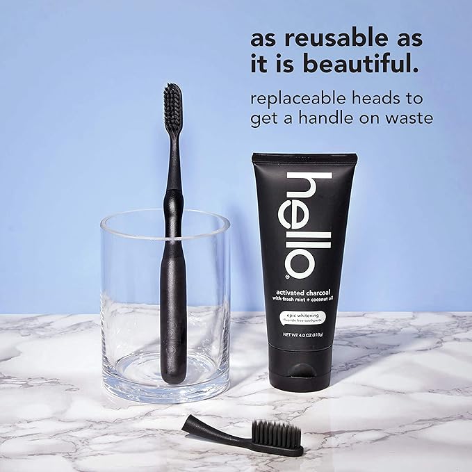 hello Manual Adult Toothbrush With Reusable Charcoal Modern Aluminum Handle & 4 Soft Replacement Heads, Bpa-free, 4 count