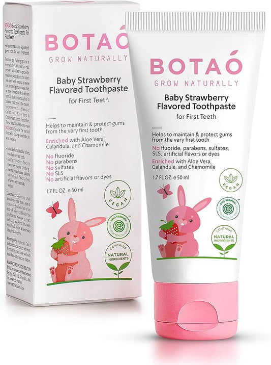 Fluoride Free Baby Toothpaste | Strawberry Flavored - Organic Training Natural Toddler Toothpaste for Toddlers | EWG Verified, Vegan, SLS Free, Safe to Swallow, Aloe Vera -1.7Oz