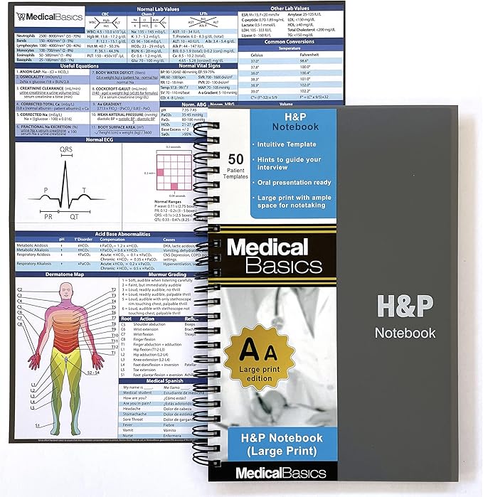 H&P notebook (Large Print) - Medical History and Physical notebook, 50 medical templates with perforations