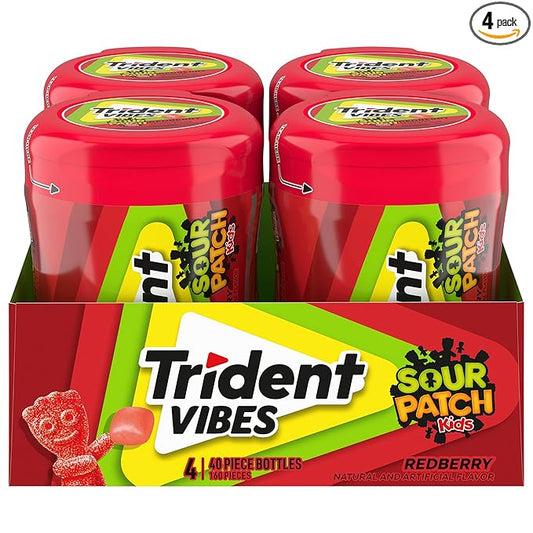 Trident Vibes SOUR PATCH KIDS Redberry Sugar-Free Chewing Gum, 4-40 Piece Bottles (160 Total Pieces)