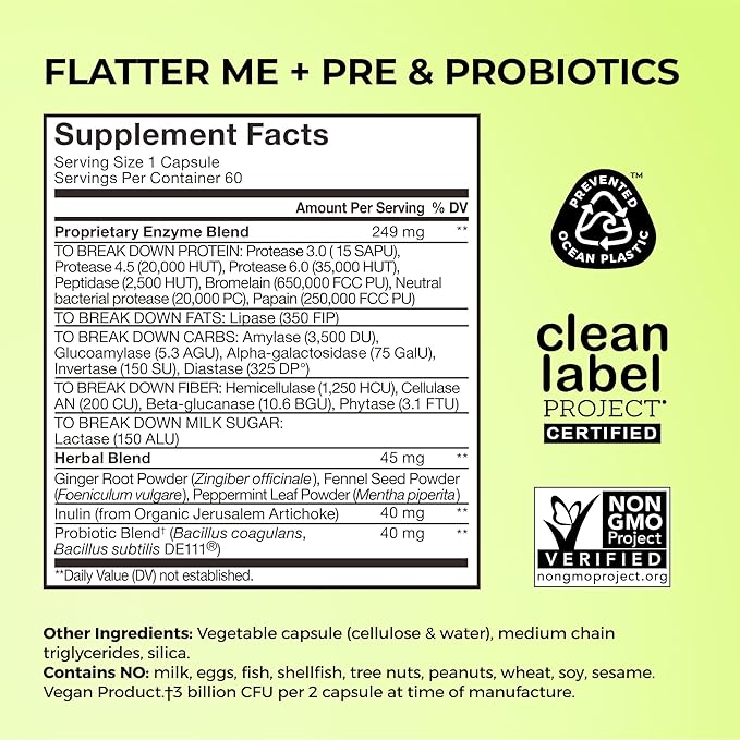 HUM Flatter Me Digestive Enzymes for Women & Men, Digestive Health Bloating Supplement with Ginger & Peppermint Leaf, Fast Acting Anti Bloat Pills Multi Enzyme for Debloating, Vegan,180 Capsules