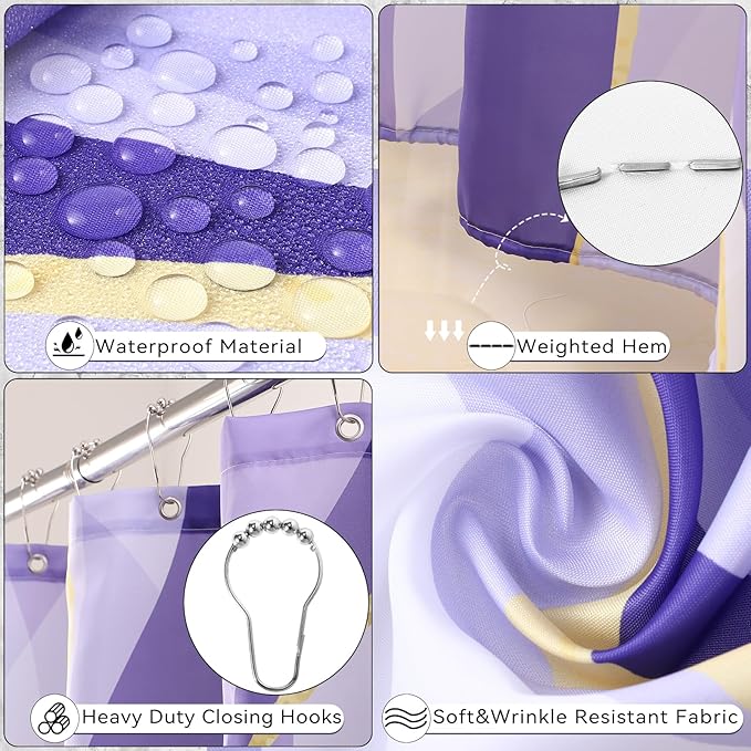 Purple Bathroom Accessories, Bathroom Sets with Stripe Shower Curtain, Purple and Gold Bathroom Accessories Set with Trash Can, Soap Dispenser, Soap Dish, Qtip Holders for Bathroom