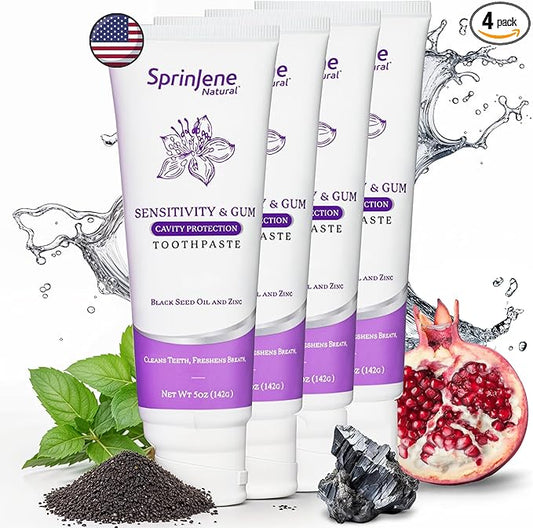 SprinJene Natural Sensitivity & Gum Fluoride Toothpaste – Sensitive Teeth Relief & Cavity Protection – SLS Free Natural Toothpaste with Black Seed Oil & Zinc – Made in The USA (4 Pack)