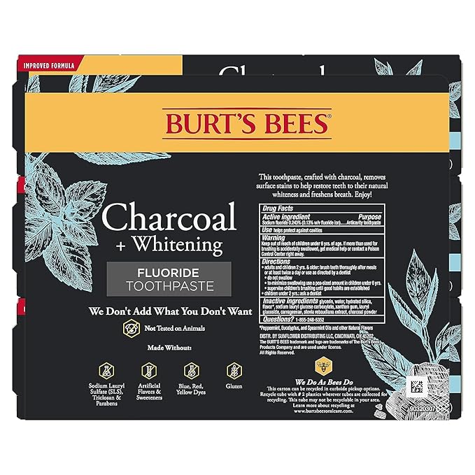 Burt's Bees Toothpaste, Natural Flavor, Charcoal with Fluoride Toothpaste, Mountain Mint, 3 x 4.7oz