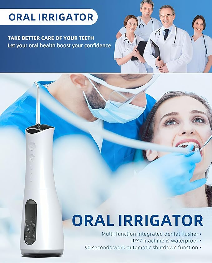 KAMEX Cordless Water Dental Flosser for Teeth Cleaning: Portable Oral Irrigator with 300ML Tank, 4 Cleaning Modes, Rechargeable IPX7 Waterproof Water Flosser for Sensitive Gums, Braces - Home & Travel