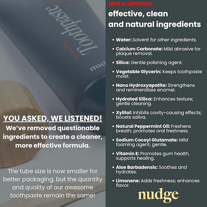 Nudge 10% Nano Hydroxyapatite Toothpaste, Remin+ Formula with Vitamin E, Fluoride-Free, SLS-Free, Helps Remineralize Enamel, Supports Dry Mouth Relief and Sensitive Teeth, Mint, 4 oz