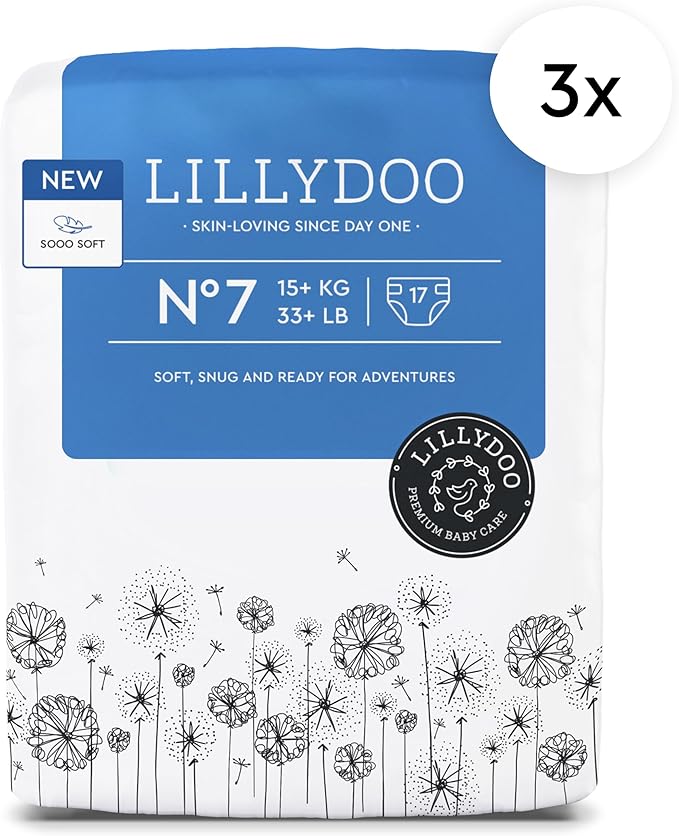 LILLYDOO Baby Diapers - Size 7 (33+ lbs), Half-Monthly Supply (51 Count), Leak Protection, Skin-Friendly, Ultrasoft, Perfume- & Chlorine-Free, Hypoallergenic, dermatologically Tested, Oeko-TEX®