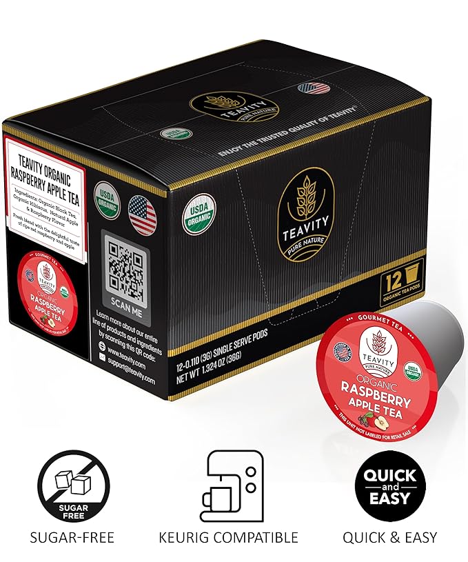 Organic Raspberry Apple Black Tea Pods for Keurig - Naturally Caffeinated Fruit Tea by Teavity (36 Tea Pods)