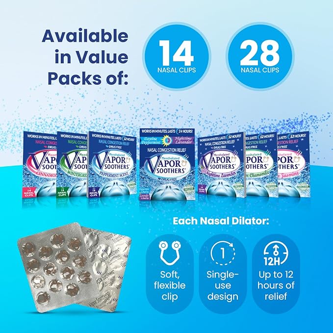 Mentholated Nasal Dilators for Breathing, Congestion, and Snoring - 28 Count Dual-Action Nose Inserts for Daytime and Nighttime Use - Hidden Nostril Opener Clips Last Up to 12 Hours - Peppermint