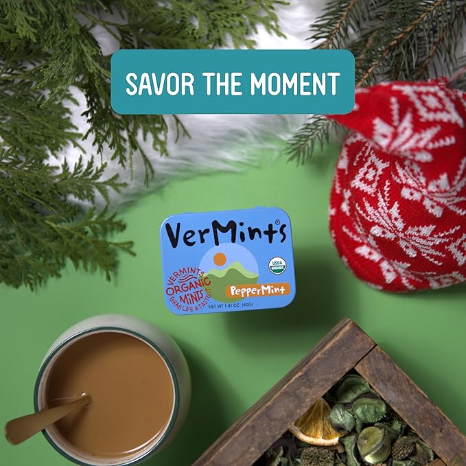 VerMints Organic Breath Mints PepperMint Candy Mints for Real Long-Lasting Flavor, Travel Size Tin - Non-GMO, Nut Free, Gluten Free, Vegan, Kosher Peppermints - 1.41oz Tins (Pack of 6)