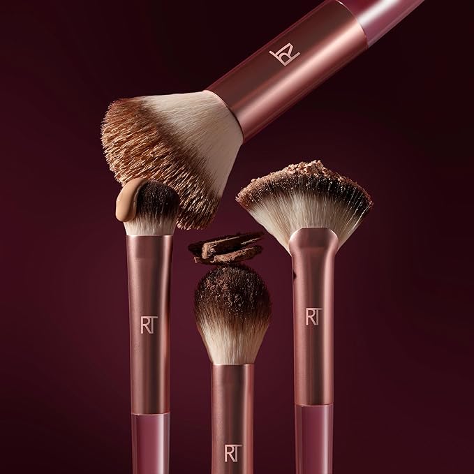 Real Techniques Cherry On Top A Brighter Hue Base Set, Face Makeup Brushes & Travel Covers, For Foundation, Concealer, Powder, & Blush, Synthetic Bristles, Vegan & Cruelty-Free, 6 Piece Set