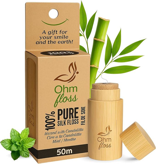Ohm Earth’s Ohm Floss – Natural Silk Dental Floss with Refillable Bamboo Holder, Naturally Waxed with Candelilla 100% Compostable, 55 yds/50m Spool – Eco-Oral Care, Natural Mint