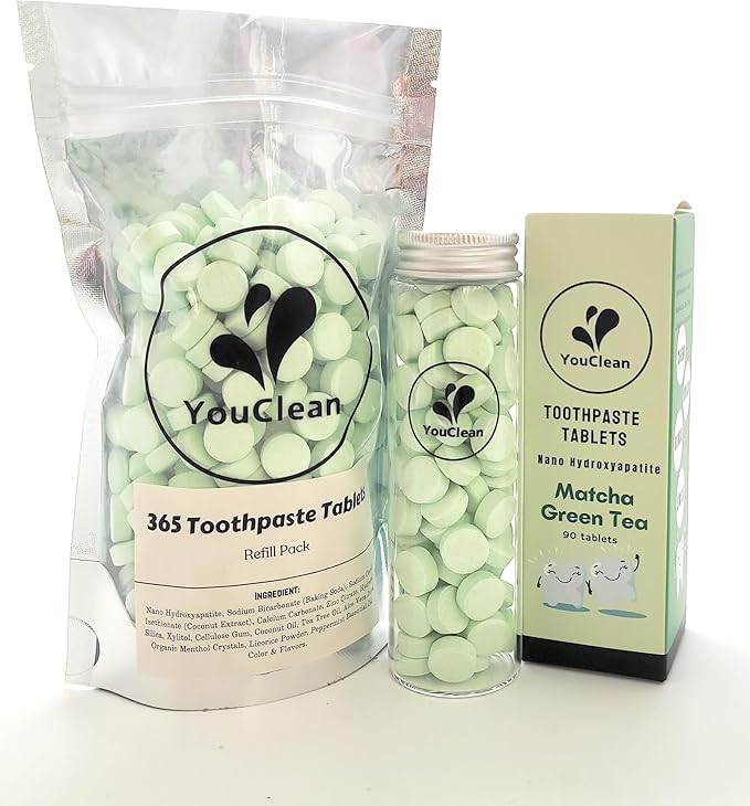 90 Toothpaste Tablets in Refill/Recycle Glass Tube - for Travel and Daily Home Office Use - Nano Hydroxyapatite, Fluoride-Free, Vegan
