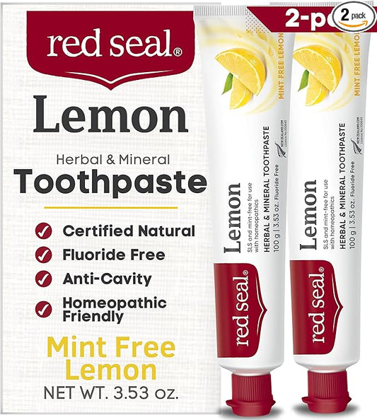 Red Seal Fluoride Free Lemon Toothpaste - Flavored Toothpaste with a Non Mint Taste - Vegan Friendly, Cruelty Free, No Artificial Colors or Flavors, NATRUE Certified Natural, SLS Free, 3.53 oz (2)