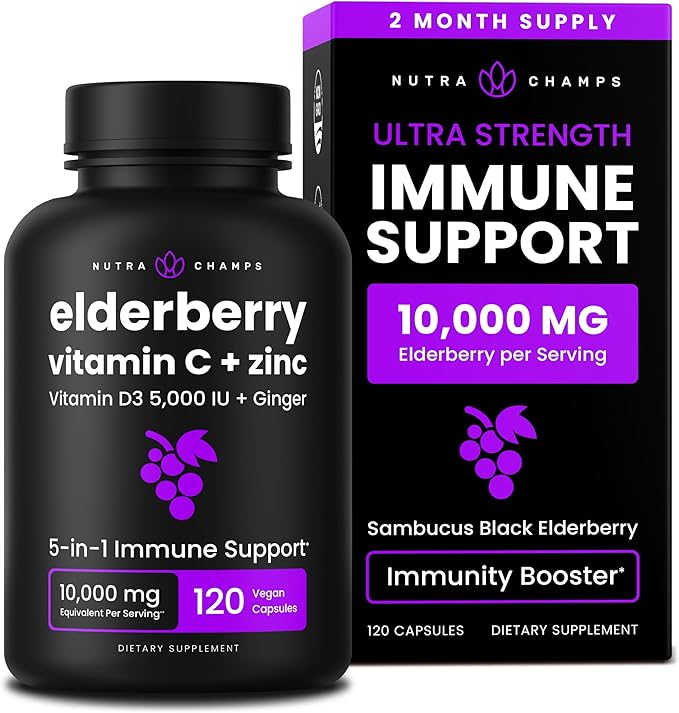 Elderberry with Vitamin C and Zinc - 5 in 1 - Immunity Support Supplement, 10,000mg Sambucus Black Elderberry Capsules with Vitamin D3 5000 IU, Sambucus Elderberry Extract - Immune Booster for Adults