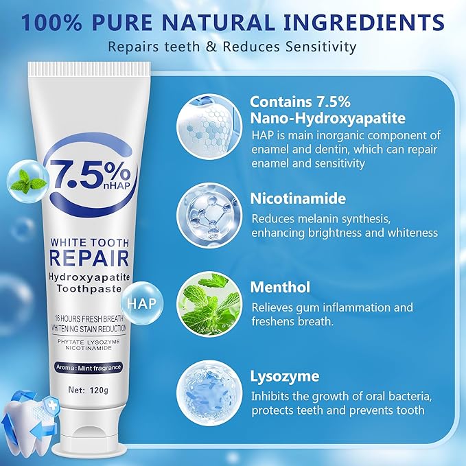 7.5% Hydroxyapatite Toothpaste-Enamel Protection and Tooth Strengthening, Fluoride-Free Safe, Nano Hydroxyapatite Toothpaste Stain Removal, Whitening Tooth, Gentle Mint, Fresh Breath 3pcs