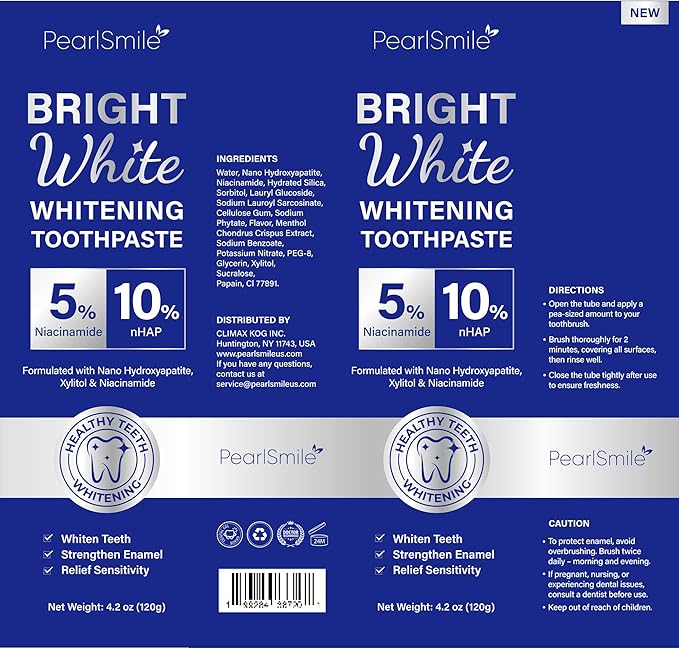 PearlSmile Niacinamide Hydroxyapatite Whitening Toothpaste – 10% Nano Hydroxyapatite + 5% Niacinamide – Strengthens Enamel, Remineralizes, Brightens Teeth – Fluoride-Free, Travel Size, 4.2oz (120g)