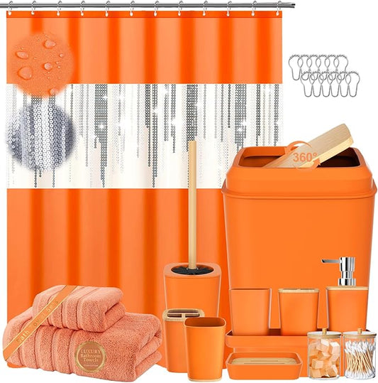 Bathroom Set- Bathroom Accessories Set with Sequin Shower Curtain Set Orange Bathroom Decor with Towel Set Bathroom Decor