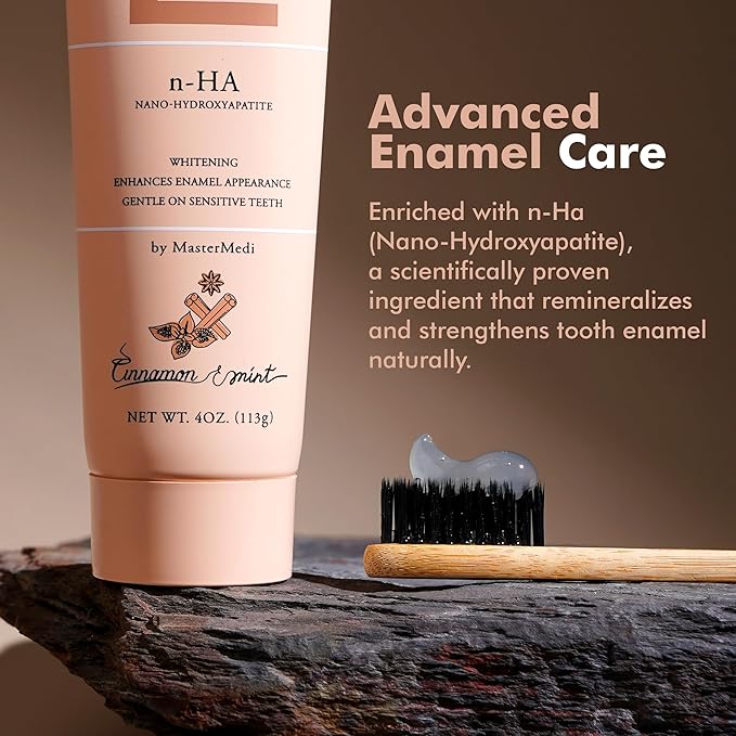 MasterMedi Nano Hydroxyapatite Toothpaste (Inspired by 10% nHA Formulas), Fluoride-Free, Whitening & Sensitivity Relief, Enamel Repair Support, SLS-Free, Xylitol, Mint & Cinnamon 4 Oz (Pack of 1)