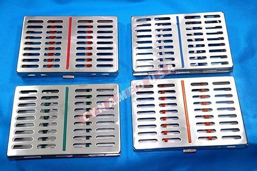 German Stainless 4 Dental Sterilization Cassette Rack Tray Box for 10 Instruments