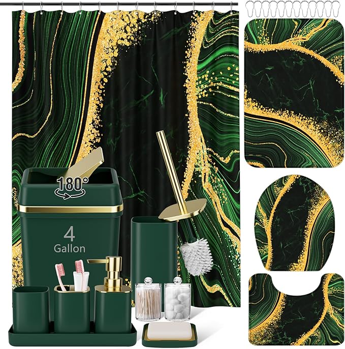 25PCS Bathroom Accessory Set, Dark Green Bathroom Set with Large-Capacity 4 Gallon Trash Can,Bathroom Rugs Set, Waterproof Shower Curtain, Toilet Brush, Toothbrush Holder & Soap Dispenser