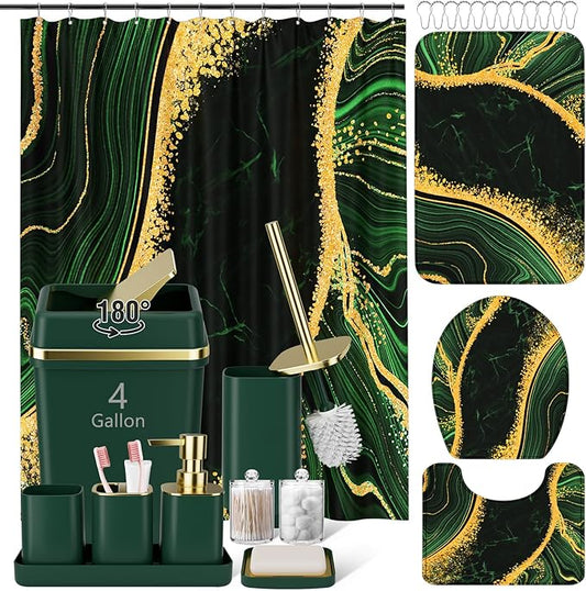 25PCS Bathroom Accessory Set, Dark Green Bathroom Set with Large-Capacity 4 Gallon Trash Can,Bathroom Rugs Set, Waterproof Shower Curtain, Toilet Brush, Toothbrush Holder & Soap Dispenser