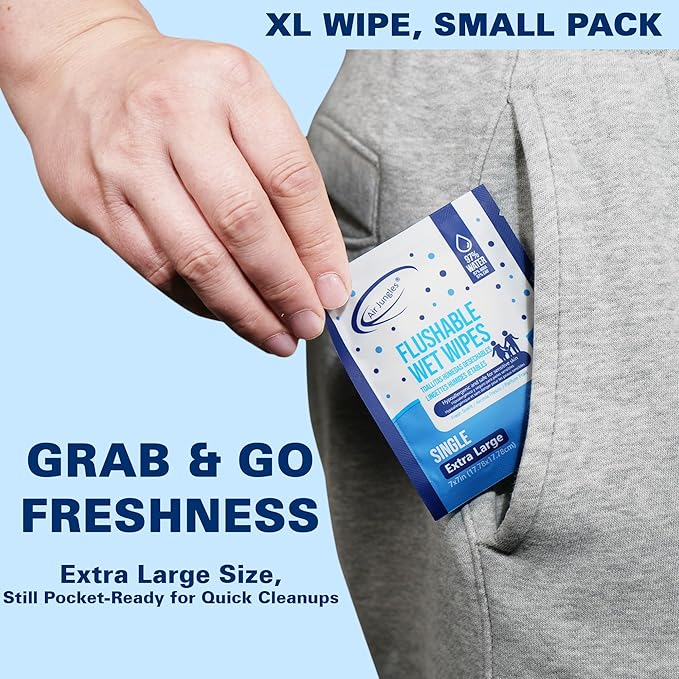 Air Jungles Flushable Wipes Individually Wrapped 50 Count (Pack of 2), with Aloe Vera & Vitamin E, Travel Size Wet Cleansing Wipes for Adult, Fresh Scent, Alcohol Free - XL 7 × 7 in
