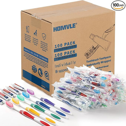 HOMVLE 100 Packs Disposable Toothbrushes with Toothpaste, Individually Wrapped Buld Toothbrush and Toothpaste Buld for Travel Size Toiletries, OCC, Airbnb, Dentist, Office/5 Colorful