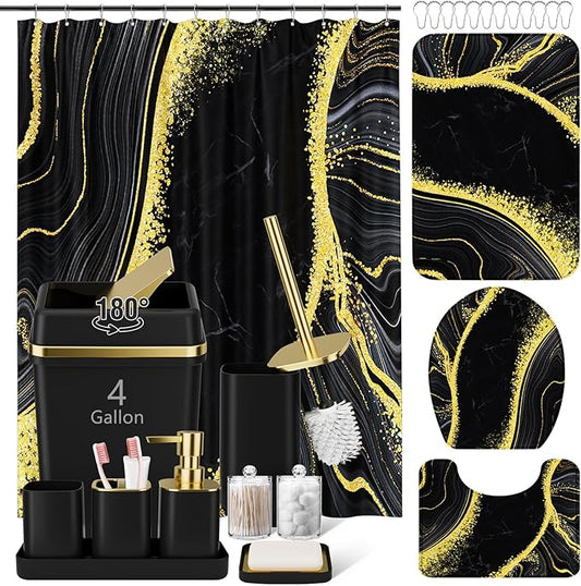 25PCS Bathroom Accessory Set, Black Bathroom Set with Large-Capacity 4 Gallon Trash Can,Bathroom Sets with Shower Curtain and Rugs, Bathroom Rugs Set, Home Decor