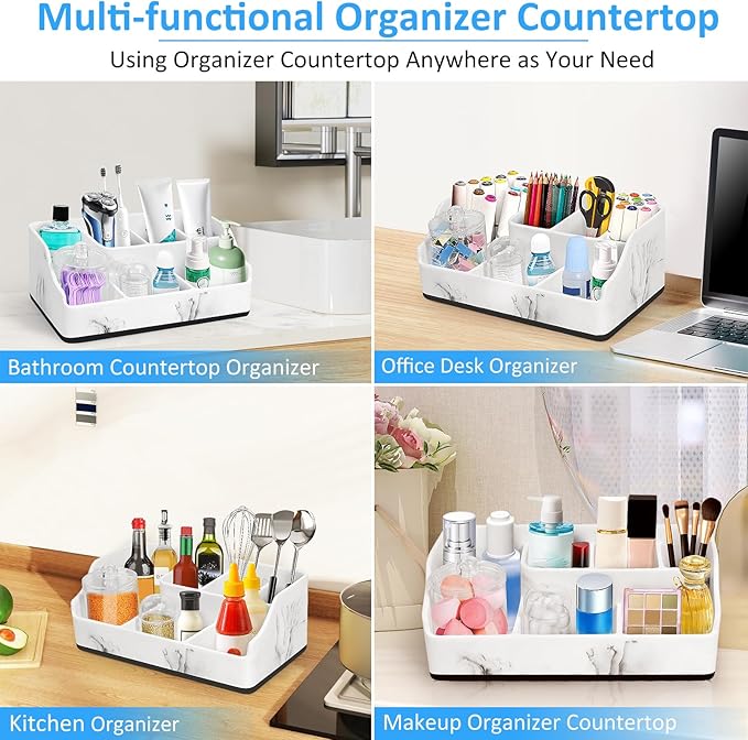 Marble Toothbrush Holder for Bathroom Organizer Countertop, Toothbrush Organizer with Qtip Holder Dispenser, White Toothbrush and Toothpaste Holder for Bathroom Counter Organization Storage Vanity
