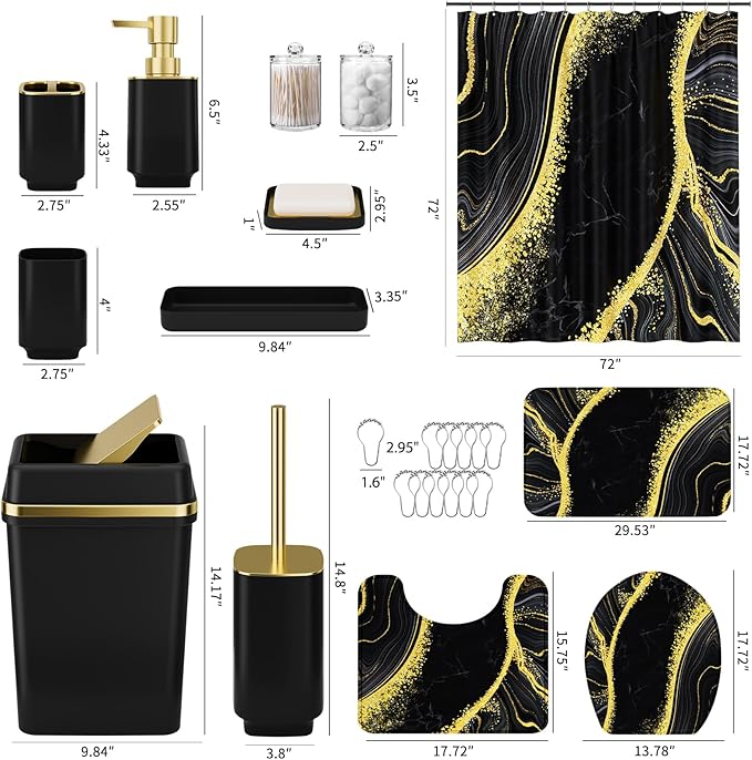 25PCS Bathroom Accessory Set, Black Bathroom Set with Large-Capacity 4 Gallon Trash Can,Bathroom Sets with Shower Curtain and Rugs, Bathroom Rugs Set, Home Decor