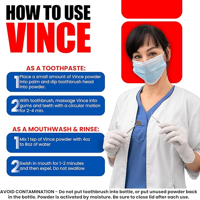 Vince Gum and Mouth Powder - Daily Use Dentifrice - Oxygenating Bubbles - Bad Breath - Gingivitis - Irritated Bleeding Gums - Canker Sore - Inflammation - Wounds - Cleanse & Refresh - 4oz (Pack of 2)