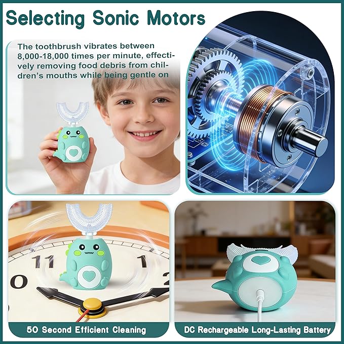 Kids Electric U Shaped Toothbrush, Sonic Automatic Toothbrush Kids with 4 Brush Heads, 3 Cleaning Modes, Cartoon Dinosaur IPX7 Waterproof 360º Round Toddler Electric Toothbrush(Green, Ages 2-12)