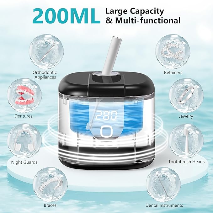 Sejoy 45kHz Ultrasonic Retainer Cleaner, Double Denture Cleaning Machine with Digital Timer, Cleaner for Braces, Mouth Guards, Rings, Toothbrush