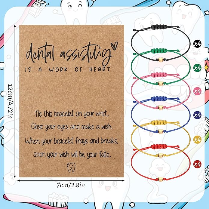 24 Sets Dental Assistant Gifts for Office Bulk Colorful Heart Dental Assistant Bracelets with Appreciation Cards and OPP Bags for Women Men Dentist Hygienist Coworker Birthday Party Thank You Gifts