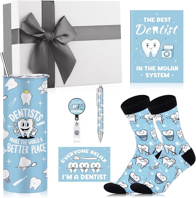 Geiserailie 8 Pcs Dentist Gifts Set for Men Women Dental Assistant Gift Include 16oz Stainless Steel Tumbler Badge Holder Socks Pen Notebook Keychain Greeting Card for Thank You Birthday Gift