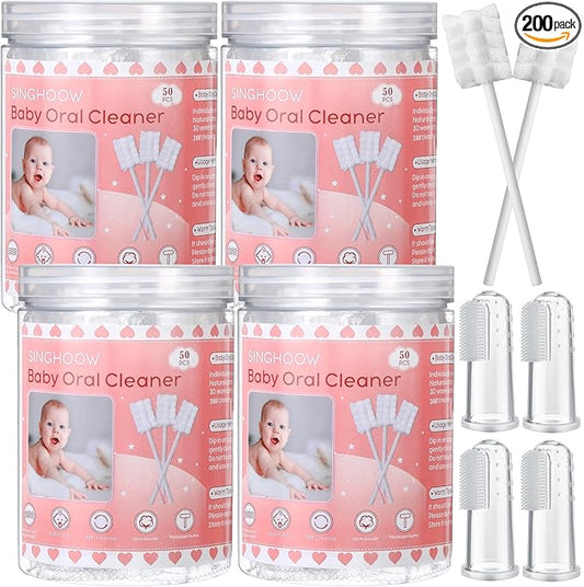 200 Pieces Baby Tongue Cleaner Disposable Infant Oral Cleaner with 4 Pieces Finger Toothbrush Soft Gauze Baby Mouth Newborn for Tooth Mouth Gum Dental Care(Pink)