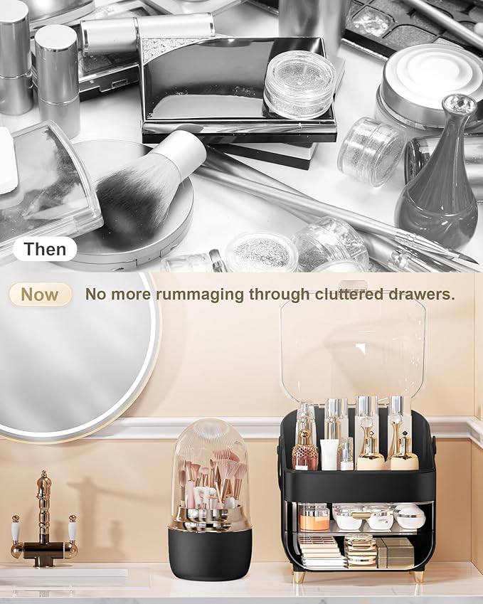 Makeup Brush Holder 360 Rotating, [Upgrade & with Cover] Makeup Brush Organizer for Vanity Countertop Bathroom (Black)