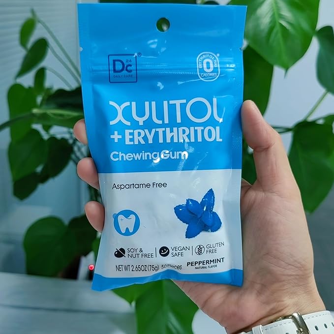 DC24 DAILY CARE Gum, Aspartame Free & Sugar Free Gum, Xylitol Chewing Gum with Erythritol, Low-Calorie, Sugarless, Natural Peppermint, 50 Pieces (Pack of 1)