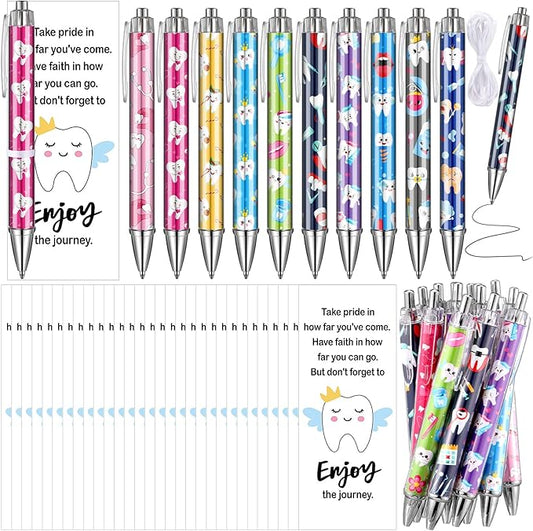 50 Sets Dental Assistant Gifts Dental Hygienist Gifts Teeth Themed Ballpoint Pens with Thanks Cards Bulk for Coworkers Women Doctor Nurse Graduation Accessories Dentist Office Staffs Favors