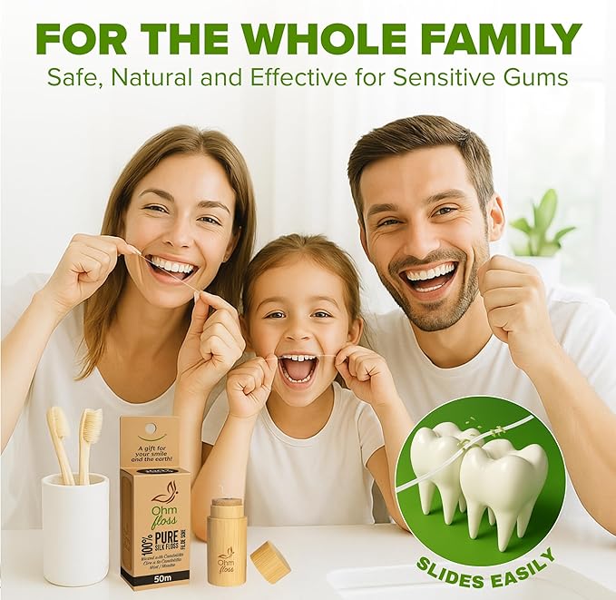 Ohm Earth’s Ohm Floss – Natural Silk Dental Floss with Refillable Bamboo Holder, Naturally Waxed with Candelilla 100% Compostable, 55 yds/50m Spool – Eco-Oral Care, Natural Mint