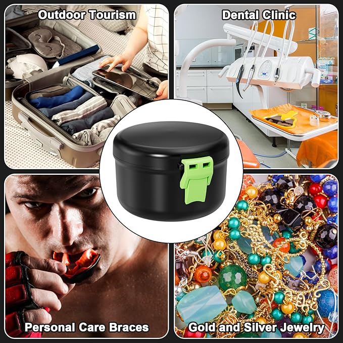 Denture Bath Cup, Leak Proof Denture Case for Travel, False Teeth Container for Soaking Dentures & Retainer, Retainer Cleaner Case, Black+Light Green.