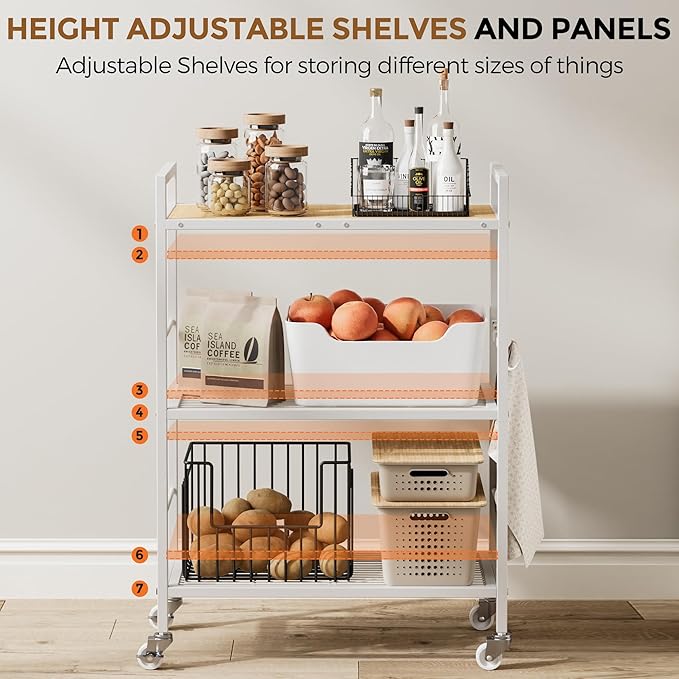 XIVIRACK 3-Tier Metal Storage Rack with Industrial Wheels,Mesh Shelving Unit with Wooden Table top,Adjustable Shelf,23.6-Inch Width,for Kitchen,Laundry,Pantry,Plant,Oak panel and white frame