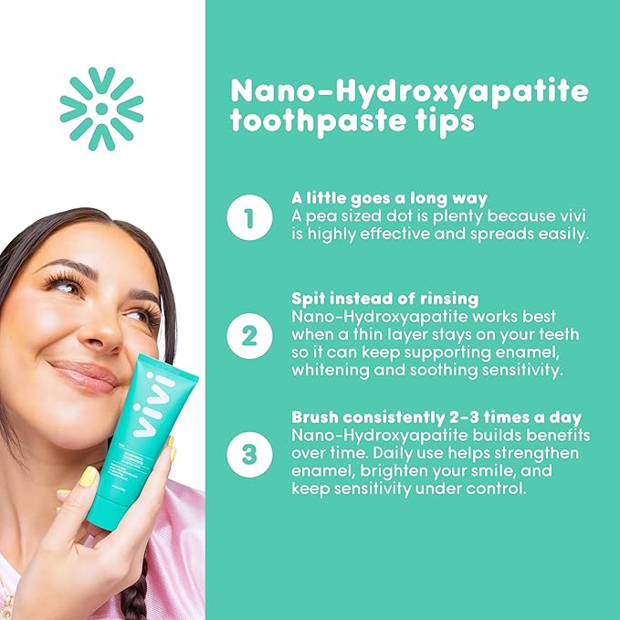 vivi Nano Hydroxyapatite Fluoride Free Whitening Toothpaste, Remineralizing Enamel w/Sensitivity Relief, Antiplaque, Gently Removes Stains, Mint Flavor, 4oz 1pk